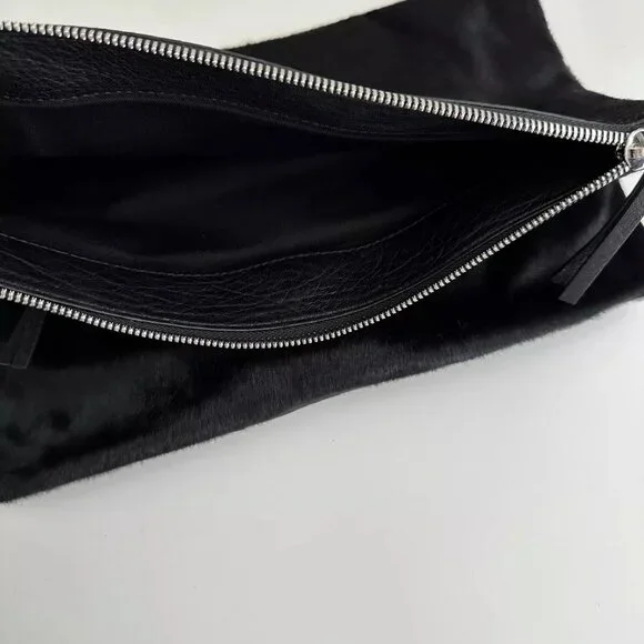 Alexander McQueen Black Leather Calf Hair Foldover Oversized Clutch